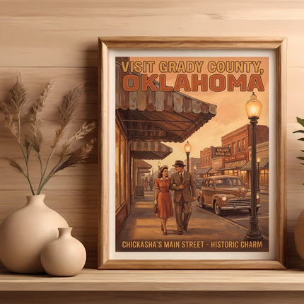 Vintage poster of Chickasha's Main Street, Grady County, Oklahoma with a couple walking.