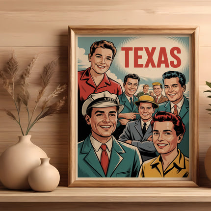 Retro poster of smiling men with "TEXAS" written above them.