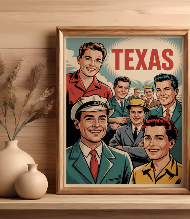 Retro poster of smiling men with "TEXAS" written above them.