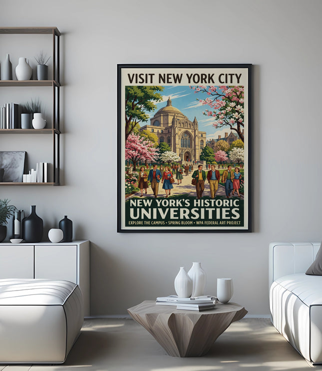 "Visit New York City" poster featuring historic universities, students, and architecture.