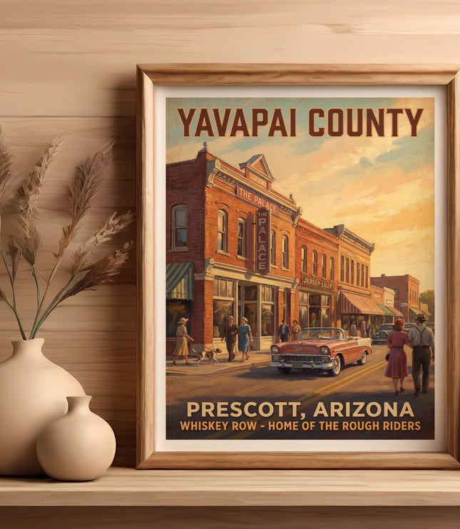 Yavapai County Prescott, Arizona Whiskey Row poster with vintage cars and people.