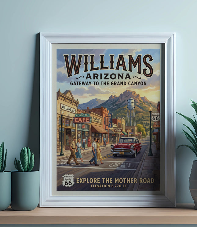 Poster for Williams, Arizona, "Gateway to the Grand Canyon" on Route 66.