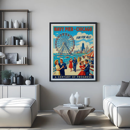 Vintage Navy Pier Chicago poster with Ferris wheel and people.
