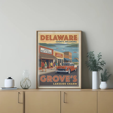 Vintage travel poster for Grove's Lakeside Charm, Delaware County, Oklahoma.