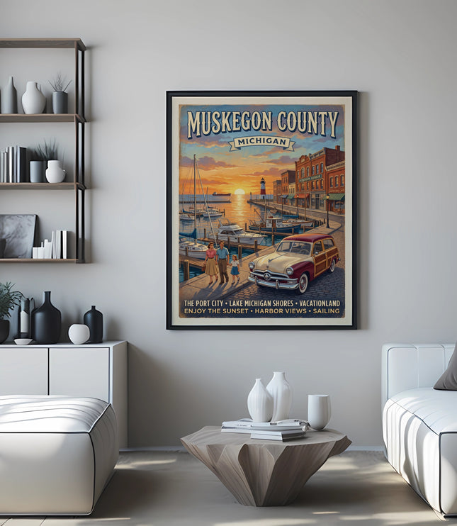 Vintage Muskegon County Michigan travel poster with harbor scene and text.