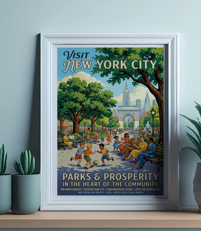 VIntage poster showing "Visit New York City" with people in a park.