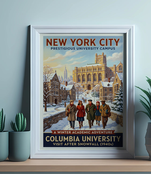 New York City Columbia University vintage travel poster after snowfall 1940s.