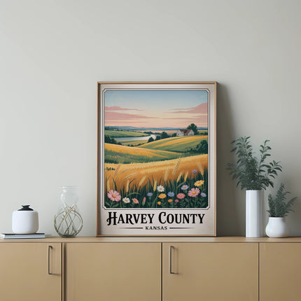 Framed print of rolling golden fields with a house and "Harvey County, Kansas" text.