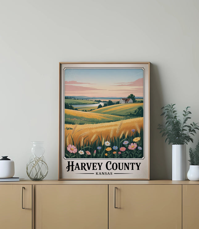 Framed print of rolling golden fields with a house and "Harvey County, Kansas" text.