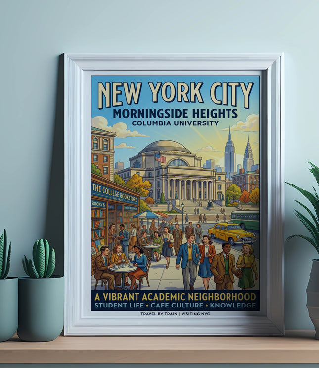 New York City Morningside Heights Columbia University poster with street scene.