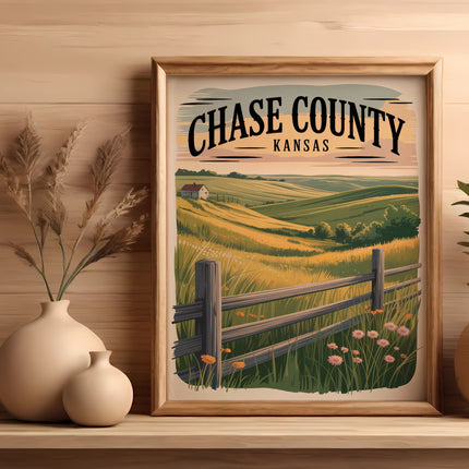 Framed artwork of Chase County, Kansas landscape with rolling hills and fence.