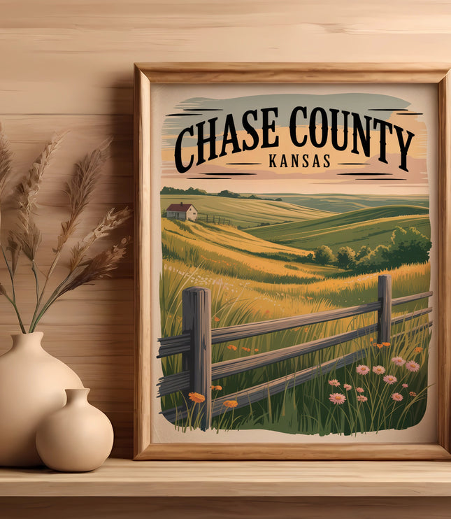 Framed artwork of Chase County, Kansas landscape with rolling hills and fence.