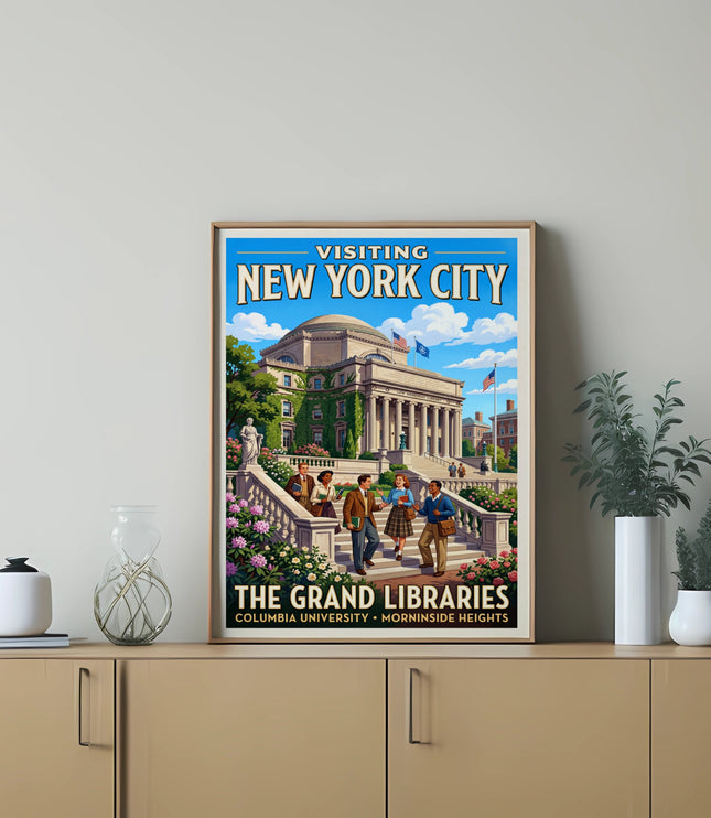 Poster for New York City, featuring Columbia University's Grand Libraries and students.