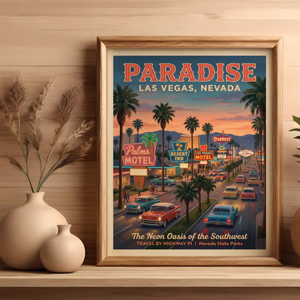 Vintage poster of Paradise, Las Vegas, Nevada, with neon signs and palm trees.