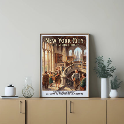 New York City historic library poster with people on stairs.