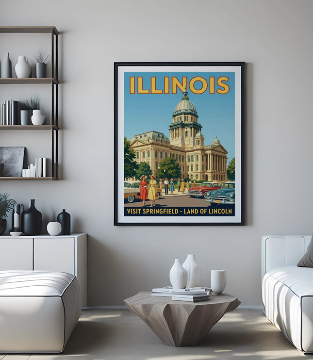 Vintage travel poster for Illinois featuring the State Capitol building.