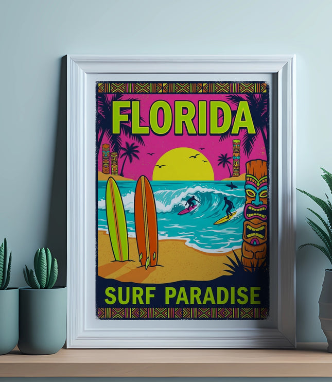 Retro Florida surf paradise poster with sun, waves, surfers, and tiki mask.