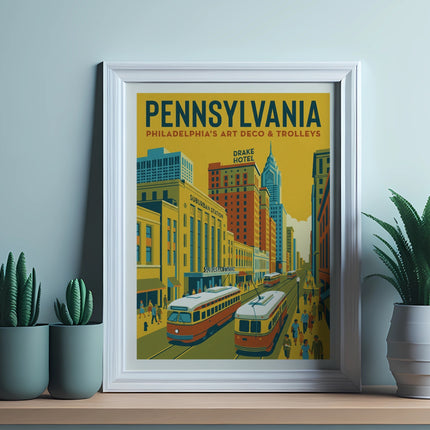 Vintage Pennsylvania travel poster featuring a trolley and Drake Hotel.