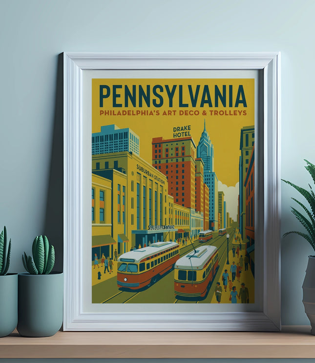 Vintage Pennsylvania travel poster featuring a trolley and Drake Hotel.