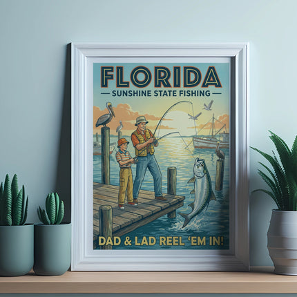 Poster: Dad and son fishing in Florida, with text "Dad & Lad Reel 'Em In!".