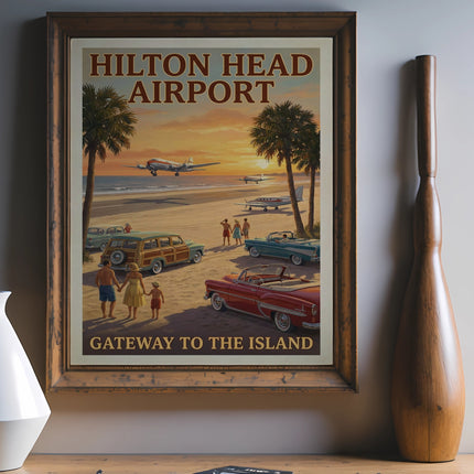 Hilton Head Airport Gateway to the Island vintage travel poster with airplanes and cars.