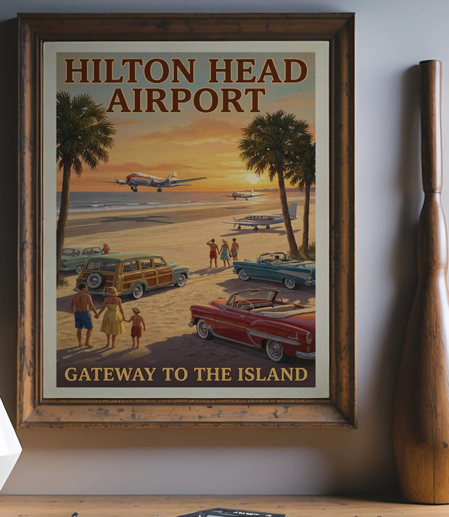 Hilton Head Airport Gateway to the Island vintage travel poster with airplanes and cars.