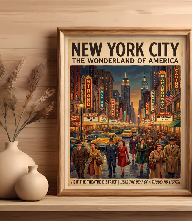New York City vintage poster showing street scene with Empire State Building and Chrysler Building.