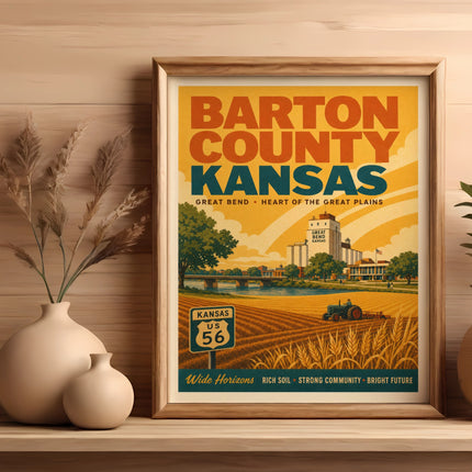Poster of Barton County Kansas with farm field, tractor, and US 56 highway sign.