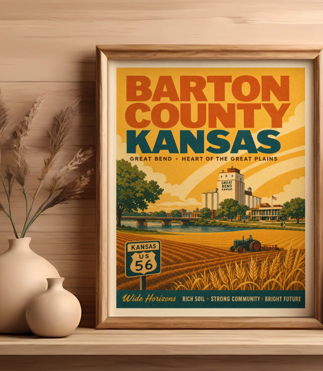 Poster of Barton County Kansas with farm field, tractor, and US 56 highway sign.