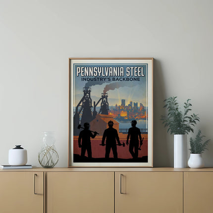 Pennsylvania Steel Industry's Backbone poster featuring steelworkers and a factory skyline.