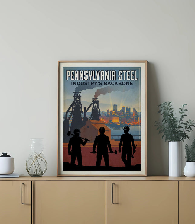 Pennsylvania Steel Industry's Backbone poster featuring steelworkers and a factory skyline.