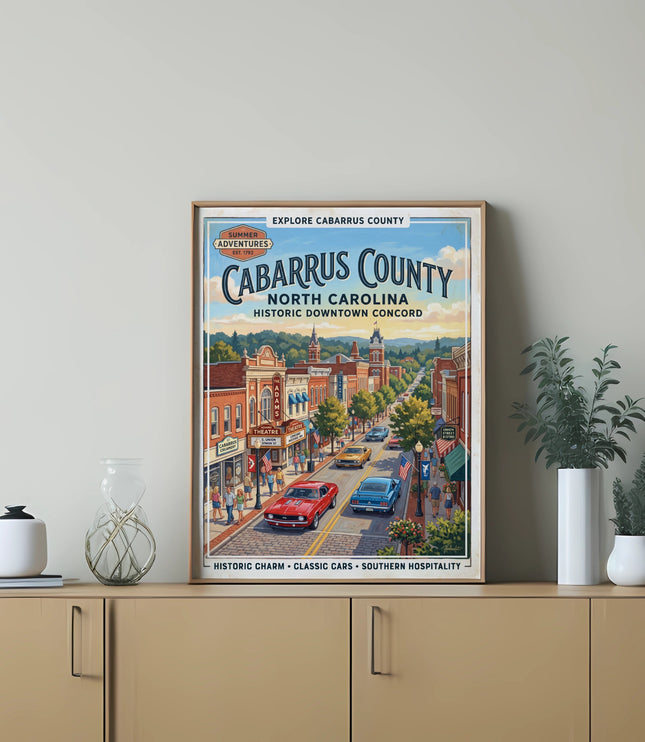 Poster of Cabarrus County, North Carolina, showing historic downtown Concord with classic cars.