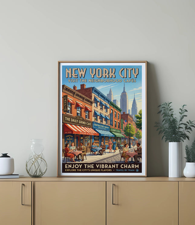 New York City print titled "Enjoy the Vibrant Charm" featuring cafes and city skyline.