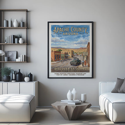 Vintage poster of Apache County, Arizona featuring St. Johns street scene and text.