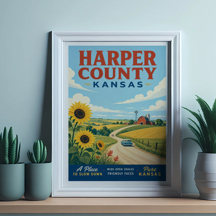 Vintage Harper County, Kansas travel poster with sunflowers and a farmhouse.