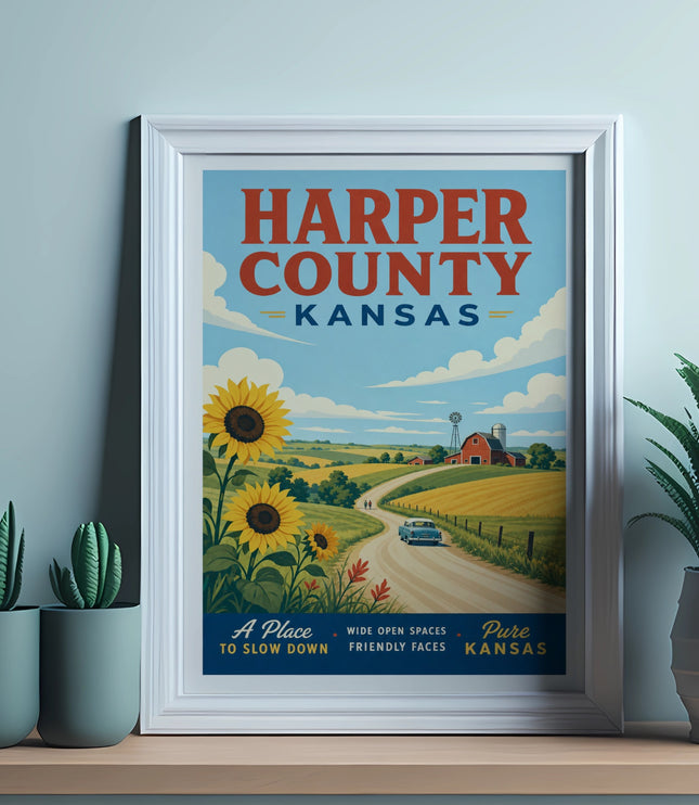 Vintage Harper County, Kansas travel poster with sunflowers and a farmhouse.