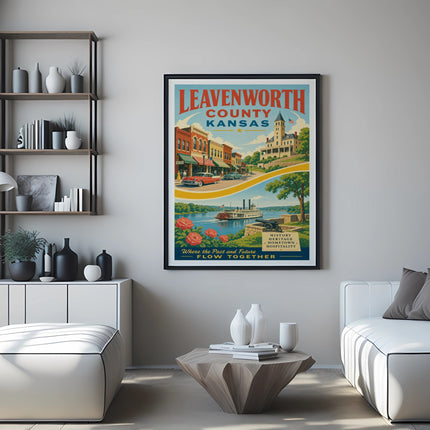 Leavenworth County Kansas vintage travel poster with historic buildings and river scene.