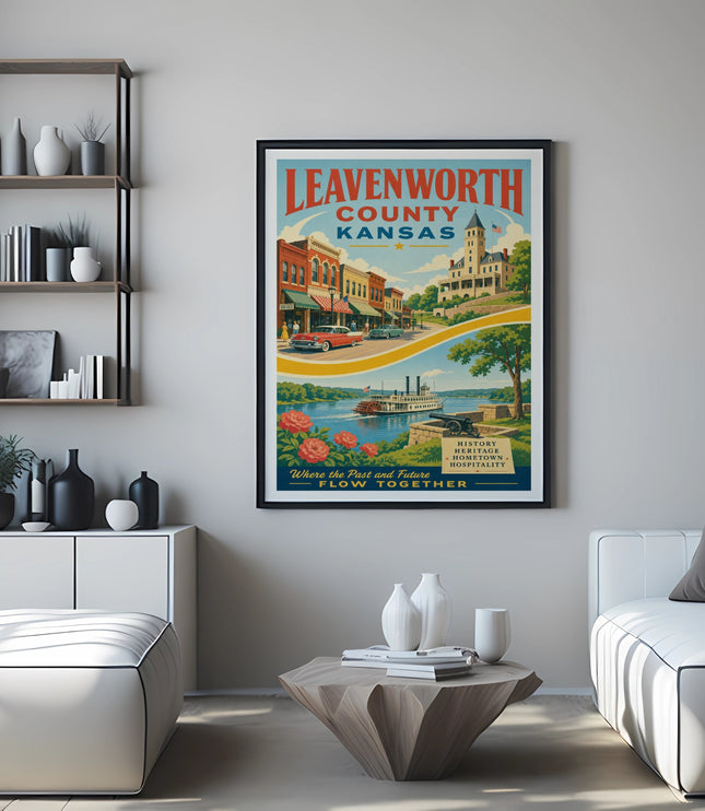 Leavenworth County Kansas vintage travel poster with historic buildings and river scene.