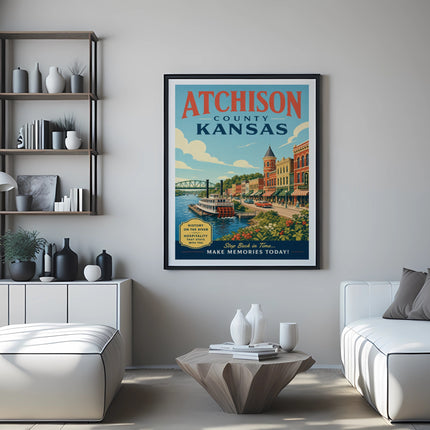 Framed poster of Atchison, Kansas with vintage buildings, a riverboat, and text.