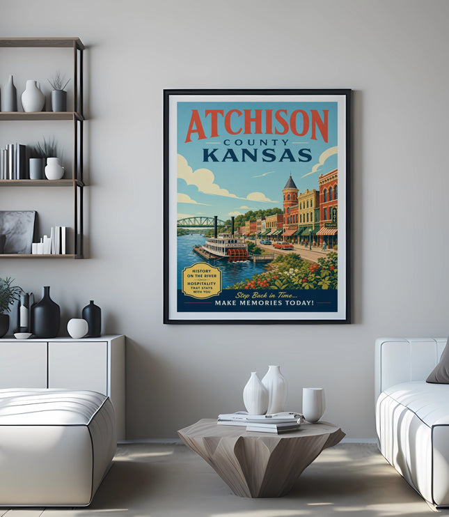 Framed poster of Atchison, Kansas with vintage buildings, a riverboat, and text.
