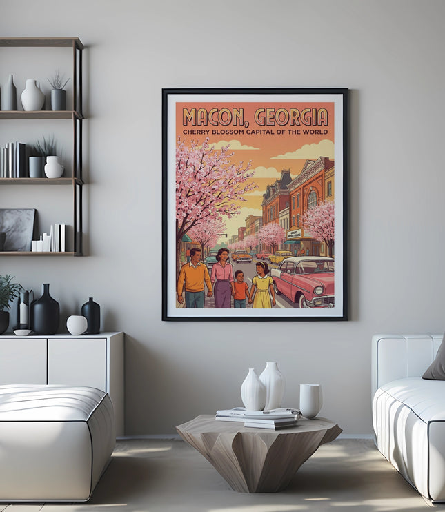 Poster of Macon, Georgia cherry blossom festival with family walking past vintage cars.