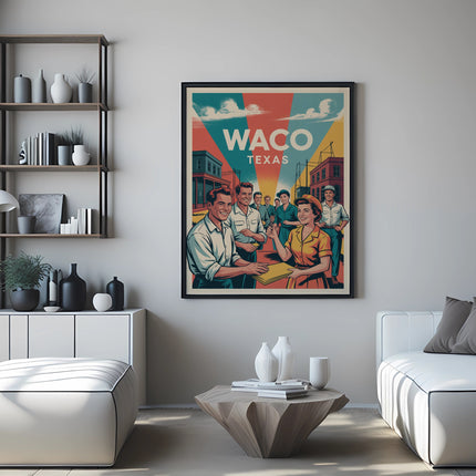 Vintage travel poster for Waco, Texas, featuring smiling people.
