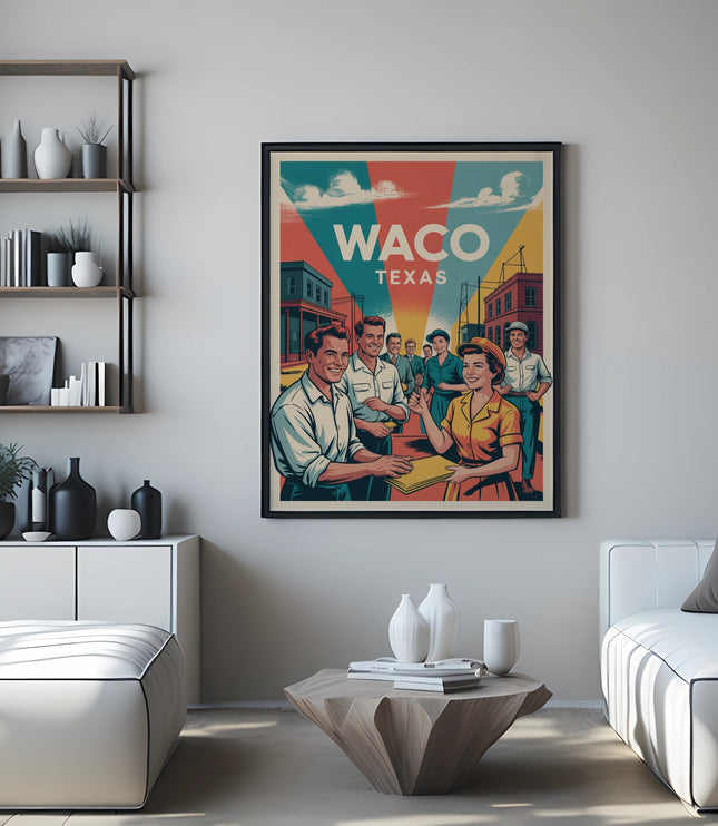 Vintage travel poster for Waco, Texas, featuring smiling people.