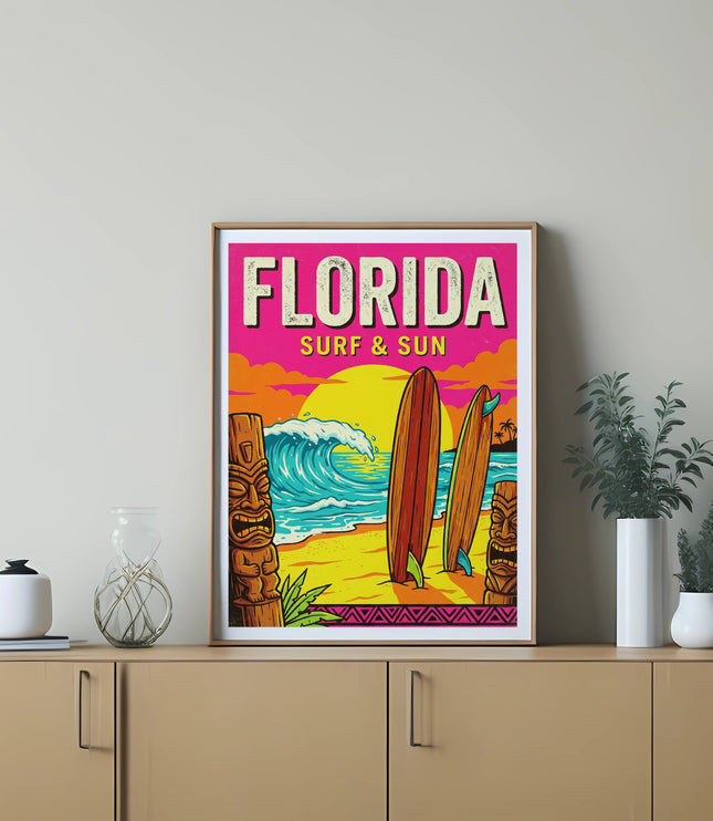 Florida Surf & Sun poster featuring surfboards, tiki, and a large wave.