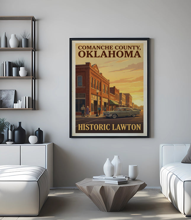 Vintage poster of Comanche County, Oklahoma, Historic Lawton with classic car.