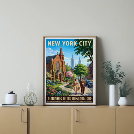 New York City poster: A Morning in the Neighborhood scene.