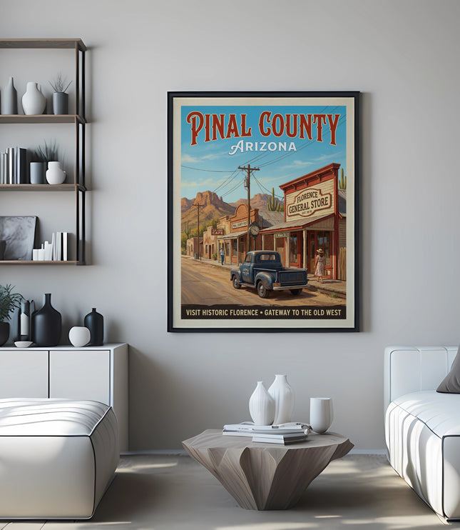 Pinal County Arizona vintage travel poster depicting Florence General Store and truck.
