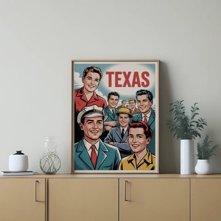 Vintage Texas poster featuring smiling men in suits.