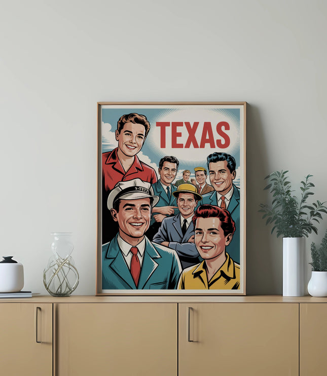 Vintage Texas poster featuring smiling men in suits.