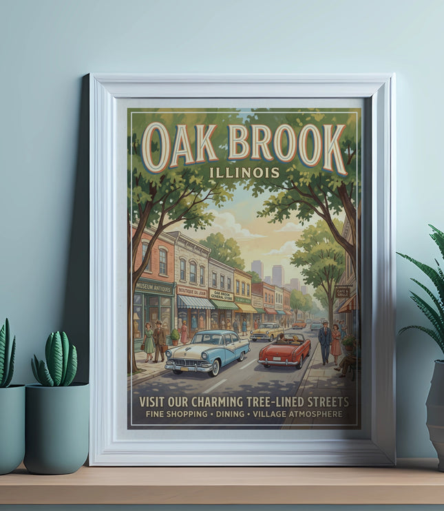 Oak Brook Illinois vintage travel poster with shops and cars.